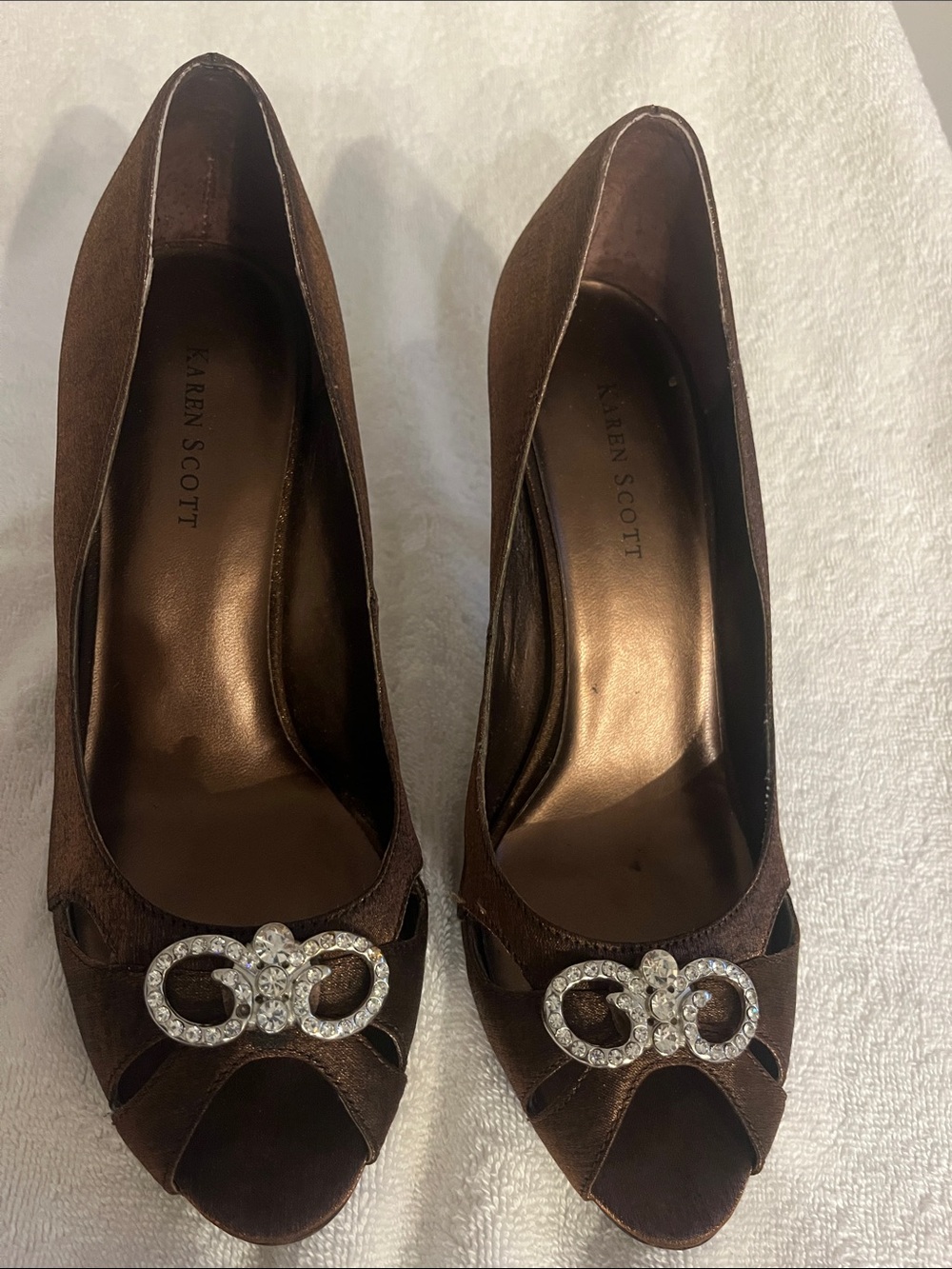 Karen Scott Brown Open-Toe Pumps with Rhinestone Buckle